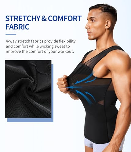 Mens Compression Tank Top Shapewear Body Shaper Vest XL Black - Tummy Control
