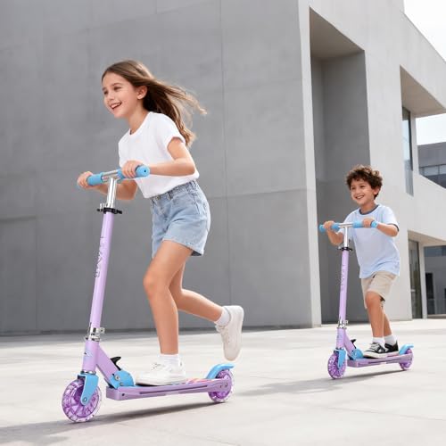 LEADER RIDER Purple Kids Foldable Light-Up Scooter, Adjustable Height, 3-Color LED Wheels