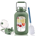 100 oz Glass Water Bottle with Straw - Olive, Wide Mouth, Time Marker