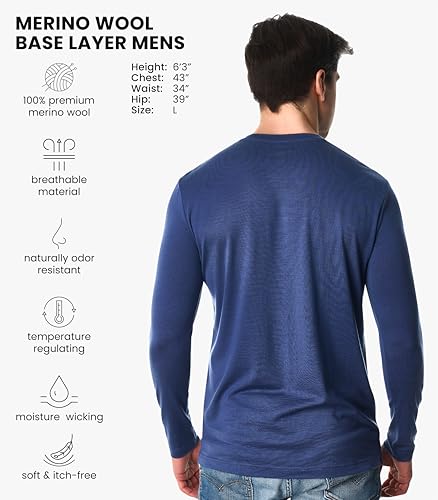 X-Large Merino Wool Thermal Shirt for Men Long Sleeve Dark Blue
