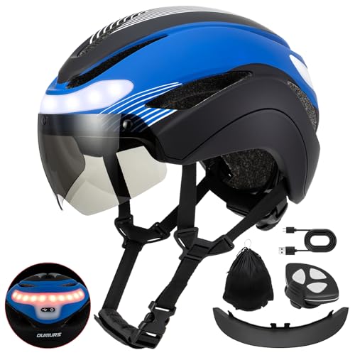 Adult Bike Helmet with LED Turn Signals & Magnetic Goggles - Blue & Black - Removable Visor