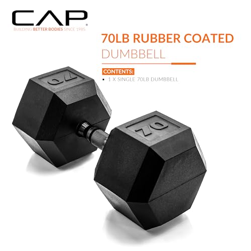 CAP 70 lb Rubber Coated Hex Dumbbell with Black Handle - Anti-Roll Home Gym Weights