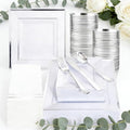 Festiva 50 Guests Silver Square Plastic Party Plates Set with Cups, Cutlery & Napkins – 9.5