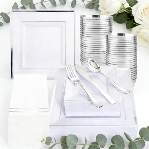 Festiva 50 Guests Silver Square Plastic Party Plates Set with Cups, Cutlery & Napkins – 9.5