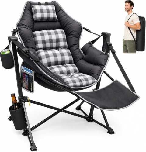 Suteck Black Plaid Hammock Camping Chair with Footrest & Thick Padding