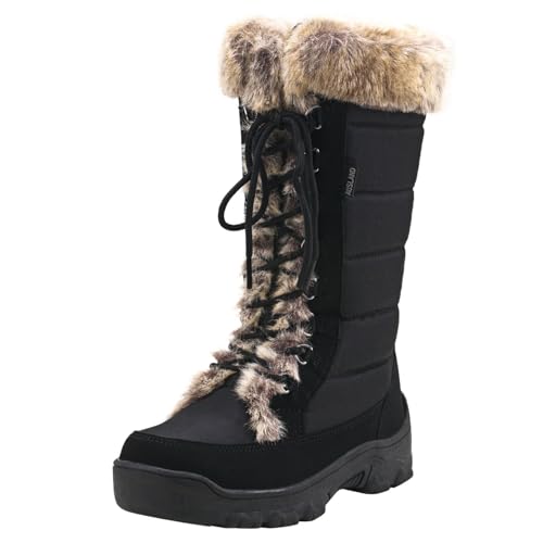 Women's Black Winter Snow Boots with Fur Cuff - Waterproof Mid-Calf Lace-Ups - Variation: Brown Fur
