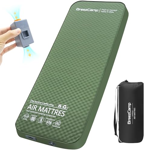BreezCamp Green Self-Inflating Memory Foam Sleeping Pad with Electric Pump, 4-Inch Thick, All-Season Camping Mattress