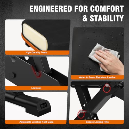 Adjustable Foldable Weight Bench for Home Gym - Incline & Flat, Black-Orange