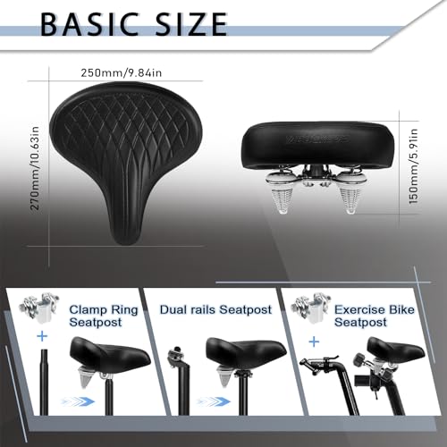 Wide Bike Seat for Comfort Men Women - Black Retro Design