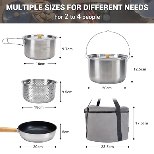 Silver Camping Cookware Set for 4-6 Persons - 304 Stainless Steel Camping Pots & Pan