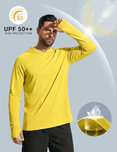 Yellow Men's UPF 50+ Long Sleeve Hoodie Shirt for Sun Protection - Lightweight Quick Dry Fishing Rash Guard