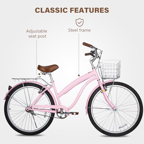 Pink 26-Inch Beach Cruiser Bike for Men Women City Commuter Bicycle