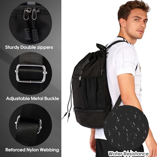 Large Capacity Soccer & Basketball Drawstring Backpack with Shoe Compartment