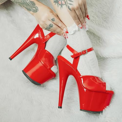 Red Women's 7-Inch Platform Heel Sandals with Ankle Strap - Sexy Pole Dance Shoes