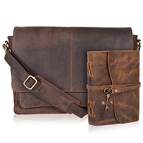 Oak Leathers Walnut Leather Laptop Messenger Bag with Diary - Unisex Office Crossbody Briefcase