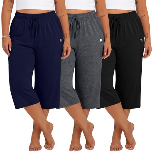 Women's Plus Size Capris with Pockets - Neer 3 Pack Black Gray Navy XL
