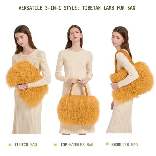 Women Luxury Real Curly Mongolian Lamb Fur Purse - Camel Variation