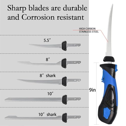 Pratuor Blue Cordless Fillet Knife Kit - 5 Titanium-Coated Blades, Rechargeable, Portable Fish Cleaning Tool