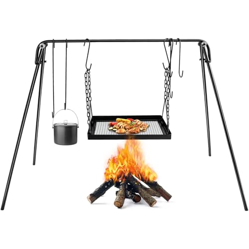 Portable Campfire Swing Cooking Grill Stand with Adjustable Grate & Hooks