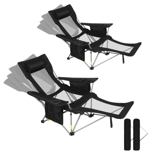 Black Mesh Reclining Camping Chair 2-Pack with Footrest Cooler & Carry Bag