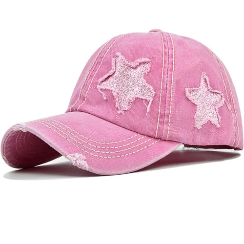 Pink Messy Bun Ponytail Baseball Cap for Women - Washed Cotton Hat
