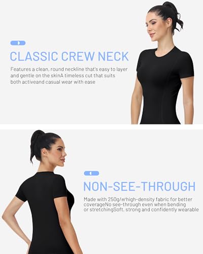 Runhit Women's Short Sleeve Compression Workout Top – UPF 50+ Quick Dry Gym Shirt, Medium, Black