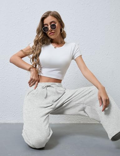SeekMe Women’s Barrel Leg Sweatpants with Pockets, Drawstring Waist – Heather White, Medium