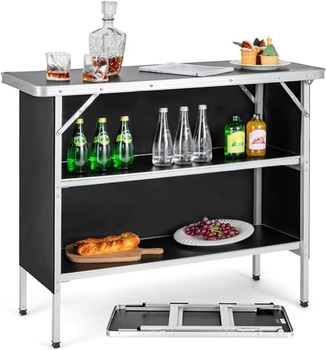 Black Portable Folding Camping Table with 2-Tier Storage Shelves & Removable Cover