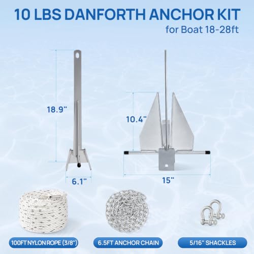 10 lb Galvanized Danforth Boat Anchor Kit for 18-28 FT Boats with Chain & Rope