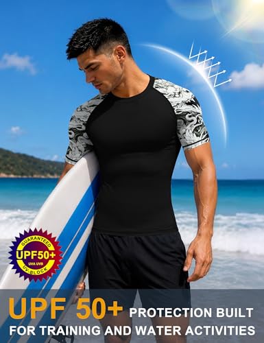Roadbox Men's BJJ Rash Guard Short Sleeve - XX-Large Black with White Dragon, UPF 50+ MMA Swim Shirt for Surfing