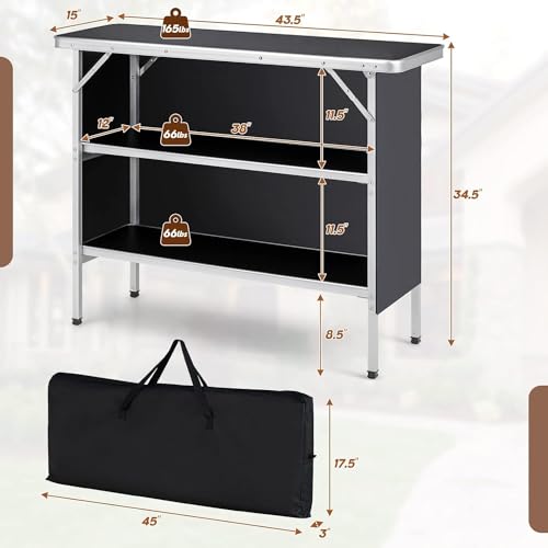 Black Portable Folding Camping Table with 2-Tier Storage Shelves & Removable Cover