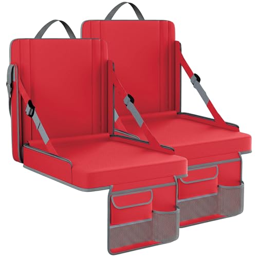 Extra Large Stadium Seat with Back Support, Padded Cushion & Multi-Pocket Storage - Red & Grey Portable Folding Bleacher Chair for Sports & Camping