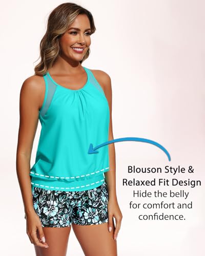Women’s Blouson Tankini Swimsuit with Shorts - Large Aqua & Floral 2PC Tummy Control Bathing Suit