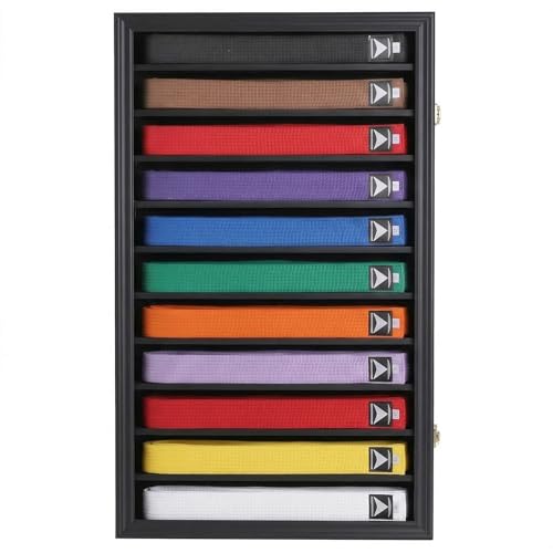 Martial Arts Belt Display Case Wall Rack with Lockable Acrylic Door - 11 Rows, Black Finish