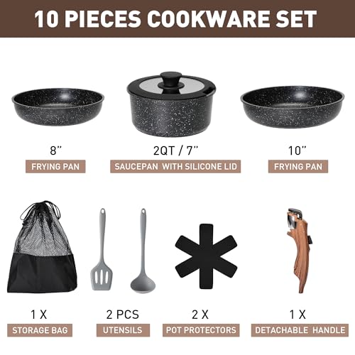 MAISON ARTS 10-Piece Detachable Handle Non-Stick Cookware Set Black
