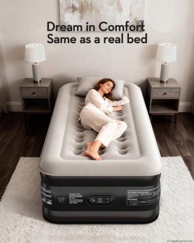 OhGeni 20-Inch Raised Twin Air Mattress with Built-In Pump, Black, Supports 500lbs