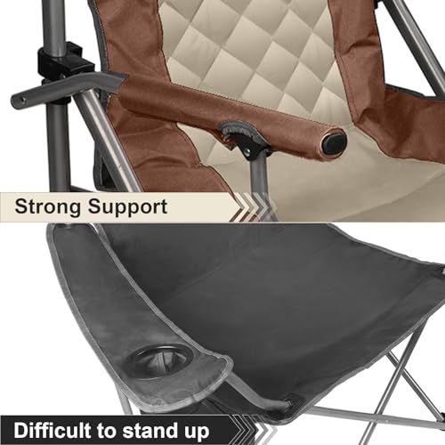 LANMOUNTAIN Moca-Padded Folding Camping Chair with Hard Armrest & Cup Holder, Heavy Duty Support up to 400lbs