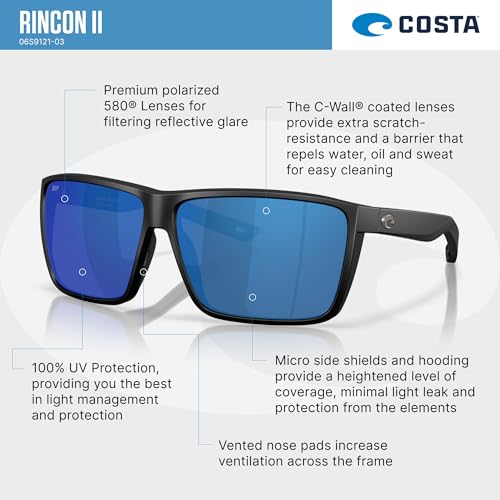 Costa Del Mar Men's Rincon II Rectangular Sunglasses Matte Black/Blue Mirrored 580p 64mm