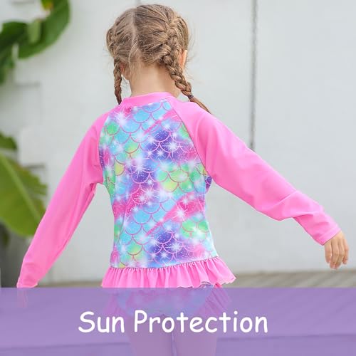 Girls Swimsuit 3 Pieces Rash Guard Bathing Suit for 5-6 Years - Mermaid Colorful