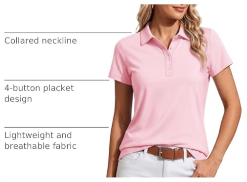 Women's Golf Polo Shirt UPF 50+ Sun Protection Short Sleeve Collared Top - Light Pink, Large