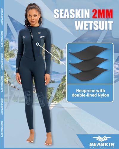 Seaskin Navy Blue Women's 2mm Front Zip Full Wetsuit for Diving & Water Sports