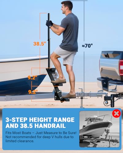 Boat Trailer Side Mount 3-Step with Handrail - Heavy-Duty Steel, Rust-Resistant