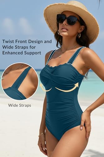 Large Teal Tummy Control One Piece Swimsuit with Scalloped Vintage Design for Women