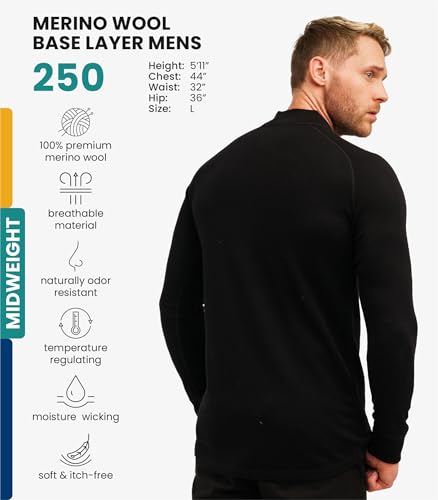 Men's Merino.tech Black Large Half Zip Merino Wool Sweater - Thermal Base Layer