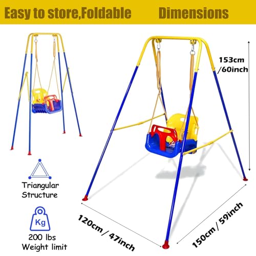 FCOUMY 3-in-1 Toddler Swing Set Blue Yellow - Indoor & Outdoor Baby Swing with Safety Belt, Foldable Metal Frame, Easy Assembly