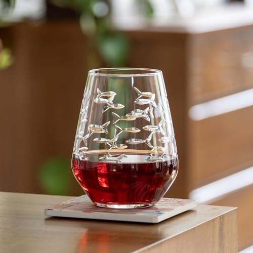 Rolf Glass 18oz School of Fish Stemless Tumbler Set of 4 - Lead-Free, Engraved & Polished in USA