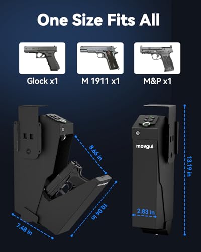 Biometric Drop-Down Bedside Gun Safe - 3 Access Methods, Mountable Pistol Safe for Nightstand, Desk, Car - No LCD