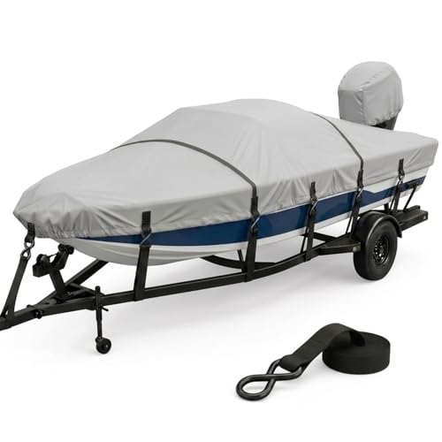 Fapaulen Waterproof 1200D Marine-Grade Boat Cover for 16-18.5 ft Bass Boats, Oyster Gray with Adjustable Straps & Metal Hooks
