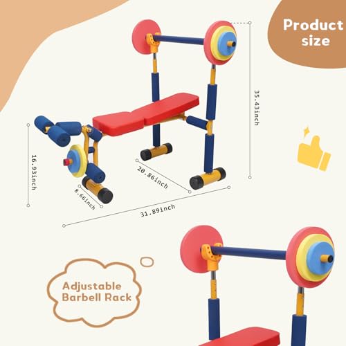 Kids Workout Bench Set with Adjustable Barbell and Soft Foam Padding - Indoor Play Gym for Ages 3+