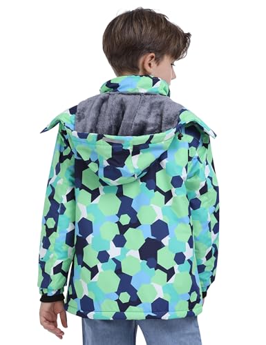 Kids Skiing Jacket for Boys 14-16 Years Hooded Winter Snowboard Coat Green Print